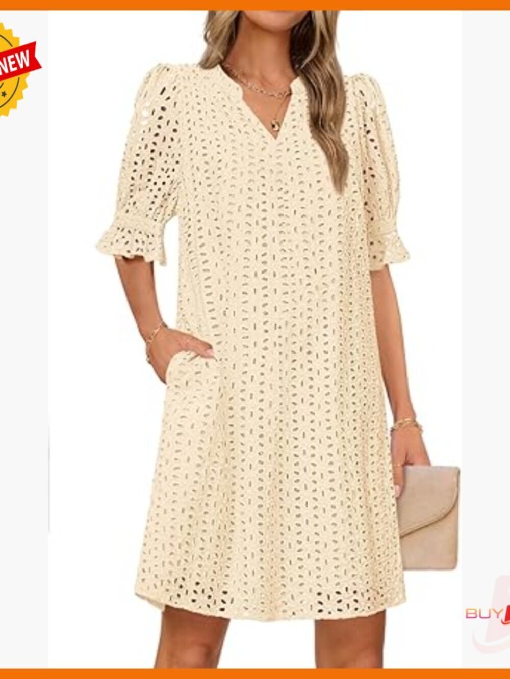 Short Sleeve Mini Dress V Neck Ruffle Hollow Out Eyelet Lace Casual